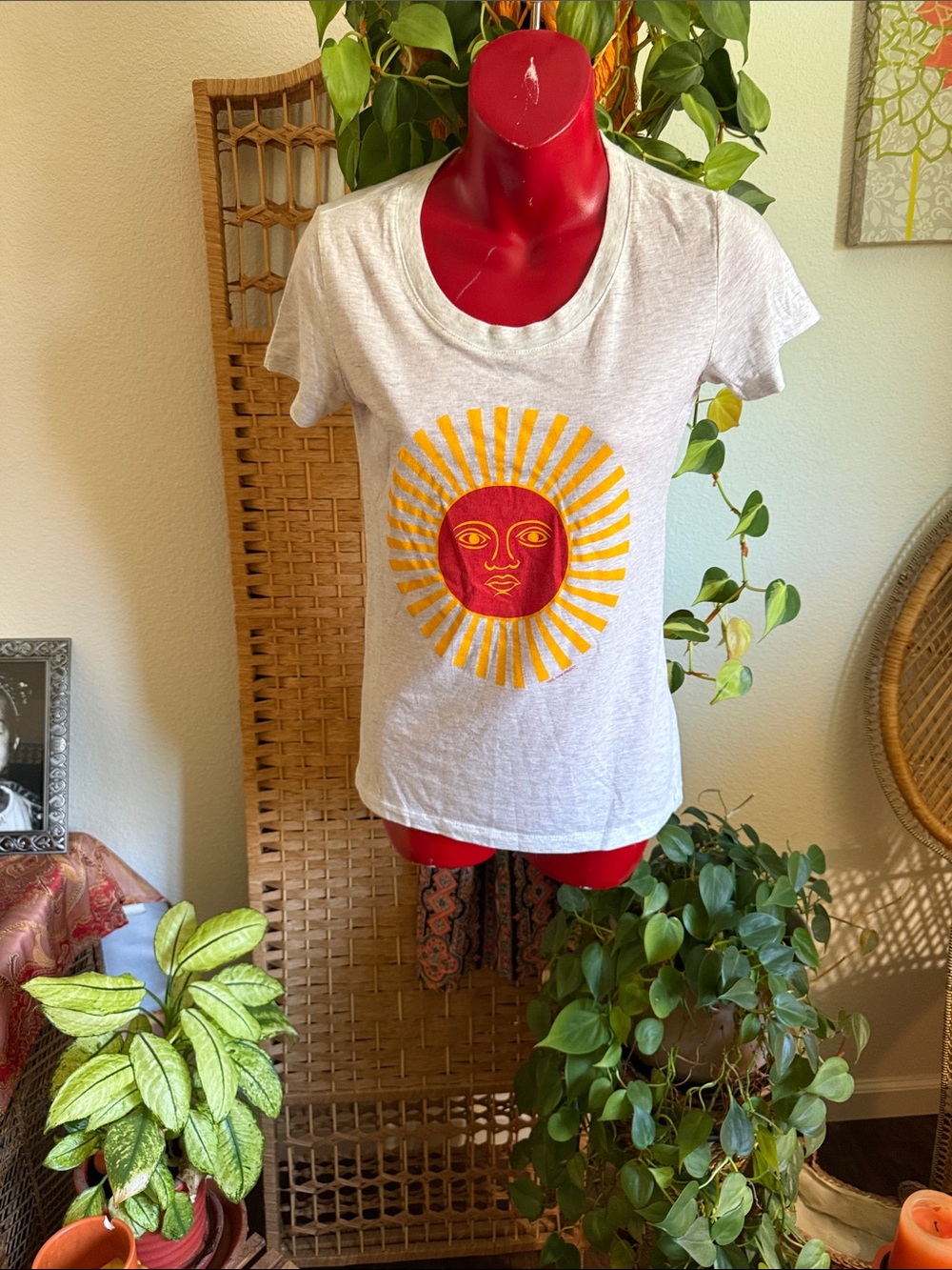 White Short-Sleeve Tee with Red Sun African Graphic and Yellow Rays